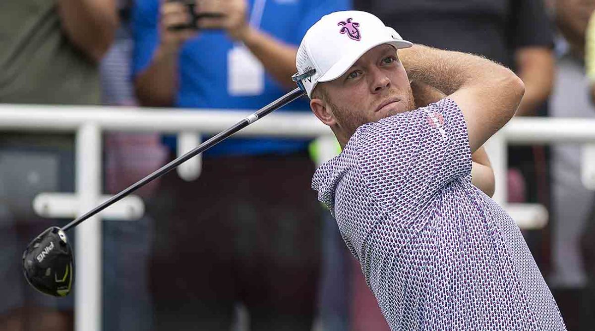 Talor Goochtees off during the first round of the 2023 Hong Kong Open at Hong Kong Golf Club.